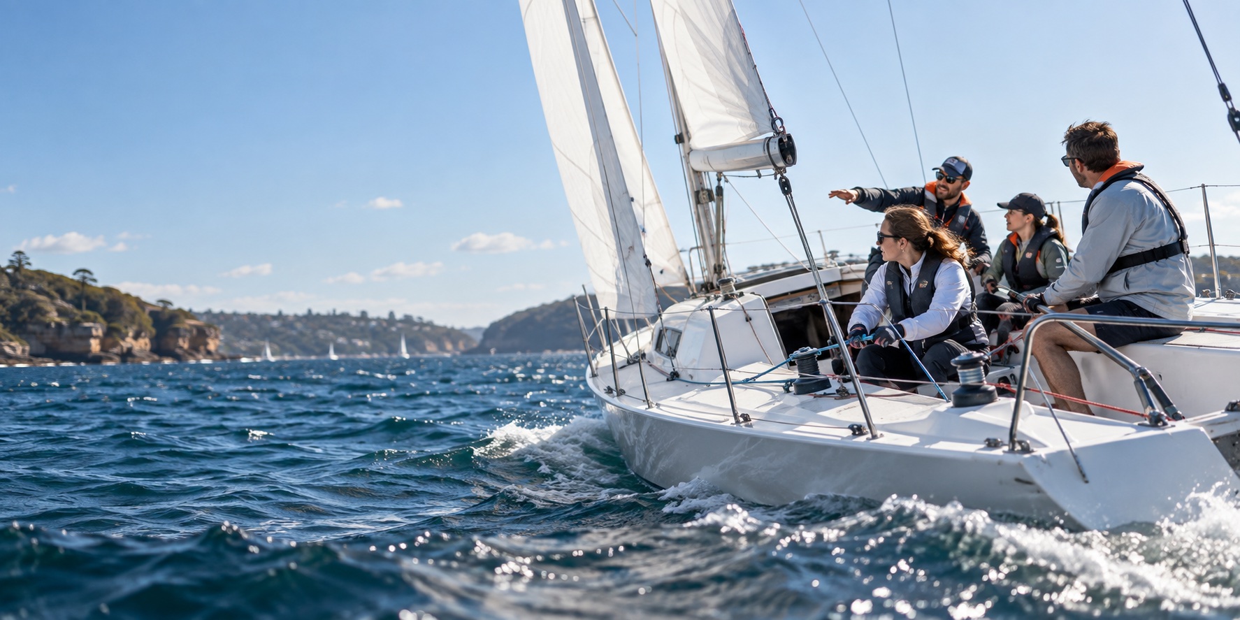 Sailing training illustration of a crew aboard a yacht